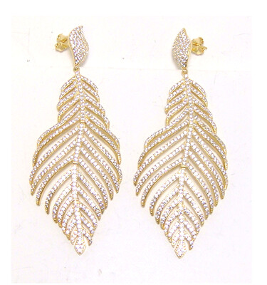 Simulated White Diamond Leaf Vintage-Style Drop Earrings in Sterling Silver, Yellow Gold
