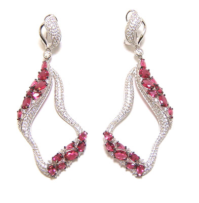 Multi-Stone Ruby Color Drop Earrings in 925 Sterling Silver, Platinum
