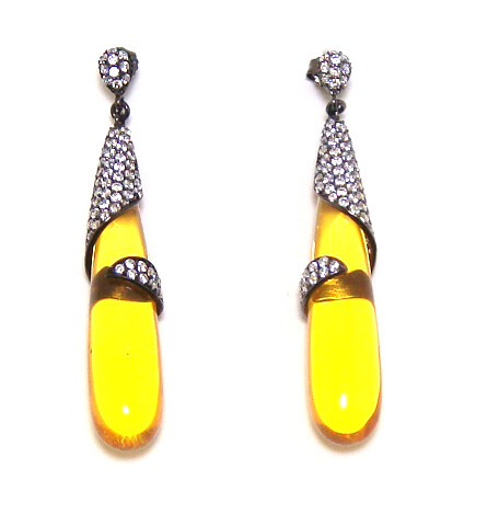 925 Sterling Silver Amber Resin Drop Earrings, Black Gold