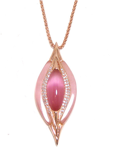 925 Sterling Silver Pink Cat&#39;s Eye Quartz Drop Pendant, Rose Gold
