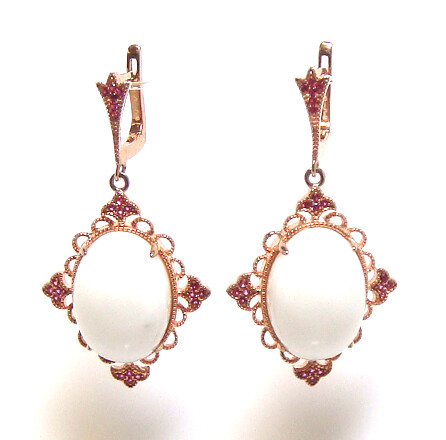 925 Sterling Silver Natural White Agate Ruby Dangle Earrings, rose Gold