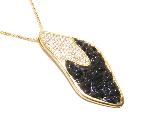 925 Sterling Silver Natural Black Obsidian Pendant, Yellow Gold