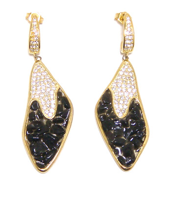 925 Sterling Silver Natural Black Obsidian Dangle Earrings, Yellow Gold