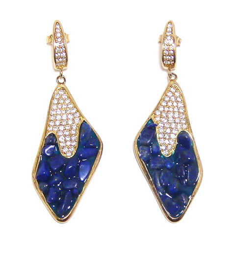 925 Sterling Silver Natural Blue Lapis Lazulie Dangle Earrings, Yellow Gold
