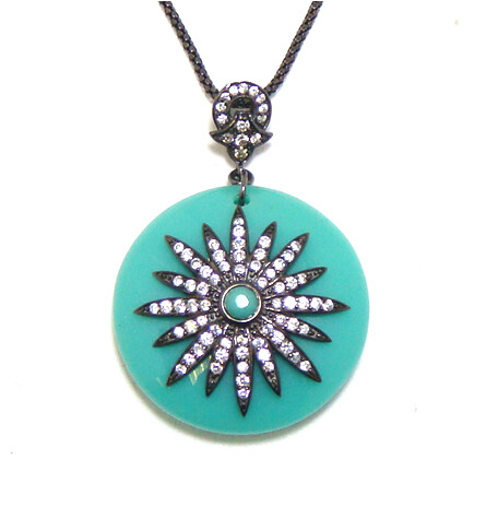 925 Sterling Silver Turquoise Resin Circle Pendant, Black Gold