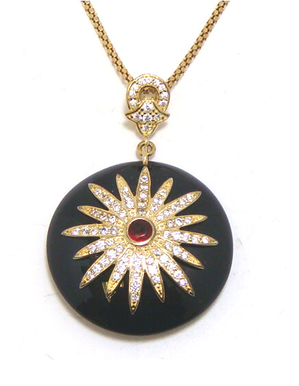 925 Sterling Silver Black Resin Circle Pendant, Yellow Gold