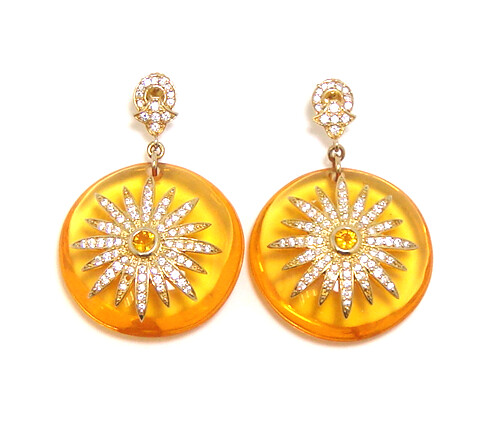 925 Sterling Silver Amber Yellow Resin Circle Earrings, Yellow Gold