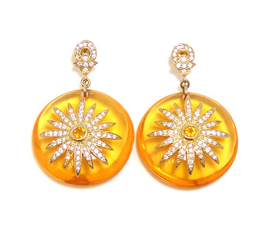 925 Sterling Silver Amber Yellow Resin Circle Earrings, Yellow Gold