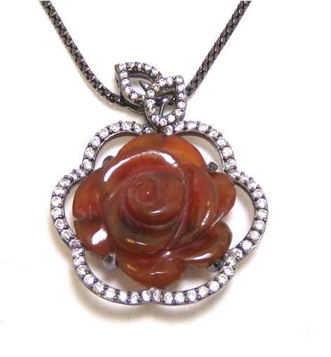 Red Agate Hand Carved Flower Pendant, 925 Sterling Silver, Black Gold