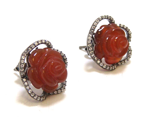 Red Agate Hand Carved Flower Stud Earrings, 925 Sterling Silver, Black Gold