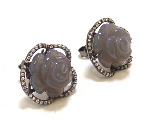 Gray Agate Hand Carved Flower Stud Earrings, 925 Sterling Silver, Black Gold
