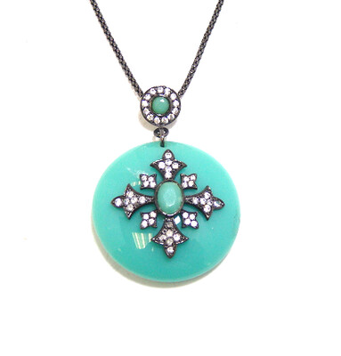 925 Sterling Silver Turquoise Resin Circle Pendant, Black Gold