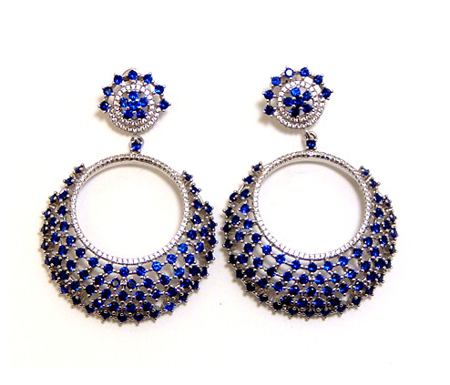 Sapphire(Simulated) Circle-Style Drop Earrings in Sterling Silver, Platinum
