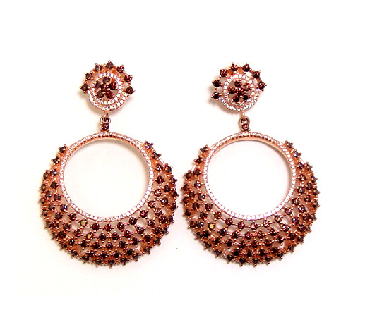 Brown Diamond(Simulated) Circle-Style Drop Earrings in Sterling Silver, Rose Gold
