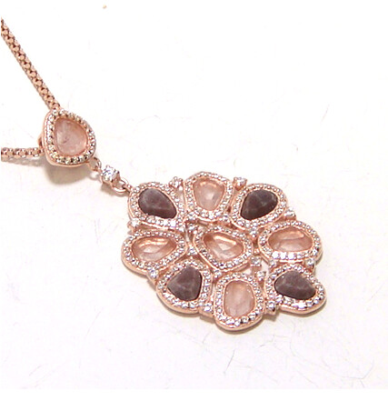 Rose Quartz &amp; Aventurine Sliced Drop Dangle Pendant, Rose Gold