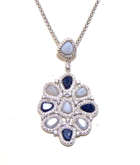 Blue Lace agate &amp; Sodalite Sliced Drop Dangle Pendant 925 Sterling Silver, Platinum