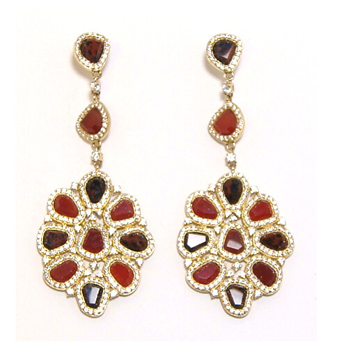 Red &amp; Mahogany Agate Sliced Drop Dangle Earrings 925 Sterling Silver, Yellow Gold
