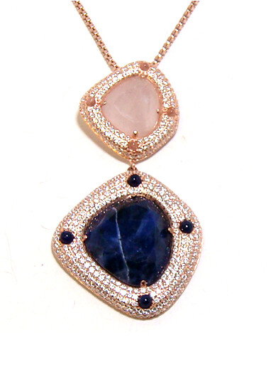 Rose Quartz &amp; Sodalite Sliced Drop Dangle Pendant 925 Sterling Silver, Rose Gold