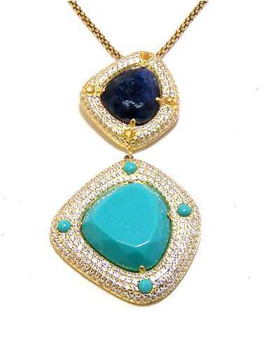 Turquoise &amp; Sodalite Sliced Drop Dangle Pendant 925 Sterling Silver, Yellow Gold