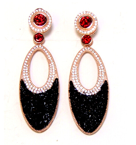 Black Obsidian Simulated Diamond Drop Earrings , 925 Sterling Silver, Rose Gold