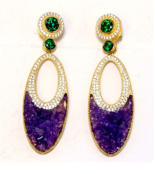 Amethyst Simulated Diamond Drop Earrings , 925 Sterling Silver, Yellow Gold