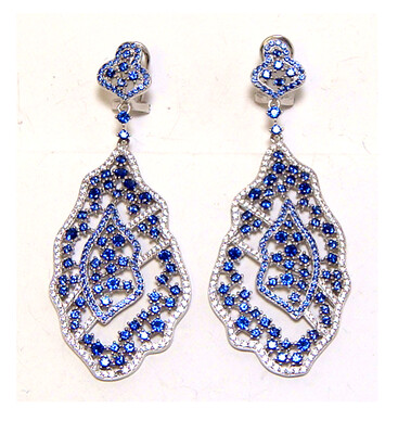 White Diamond & Blue sapphire (Simulated) Vintage-Style Drop Earrings in Sterling Silver, Platinum
