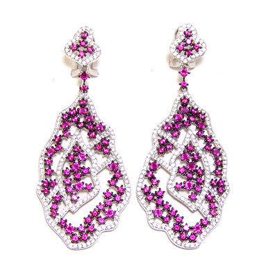 White Diamond & Red Ruby (Simulated) Vintage-Style Drop Earrings in Sterling Silver, Platinum