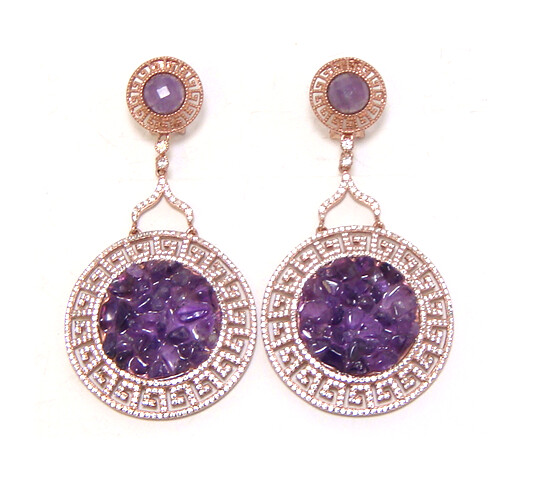 Amethyst Circle Drop Designer Earrings , 925 Sterling Silver, Rose Gold