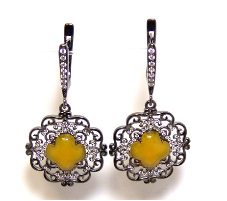 Yellow Agate Dangle Earrings, 925 Sterling Silver, Black Gold Embraced