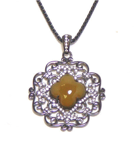 Yellow Agate Dangle Pendant, 925 Sterling Silver, Black Gold Embraced