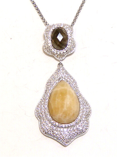 Aragonite &amp; Labradorite Drop Dangle Pendant, 925 Sterling Silver, Platinum Embraced