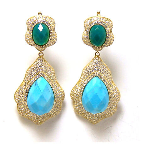 Green Agate &amp; Blue howlite Drop Dangle Earrings, 925 Sterling Silver, Yellow Gold