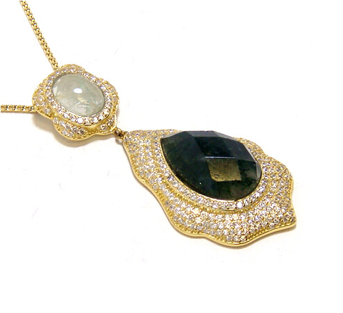 Moss Agate &amp; New Jade Drop Dangle Pendant, 925 Sterling Silver, Yellow Gold