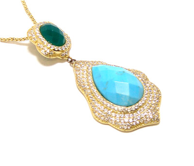 Green Agate &amp; Blue Howlite Drop Dangle Pendant, 925 Sterling Silver, Yellow Gold