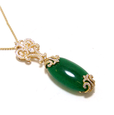Antique design Classy Green Agate Dangle Pendant, 925 Sterling silver, Yellow Gold