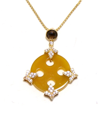 Yellow Jade &amp; Smoky Topaz Circle Pendant, 925 Sterling silver, Yellow Gold
