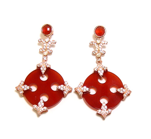 Natural Red agate Circle Dangle Earrings, 925 Sterling silver, Rose Gold