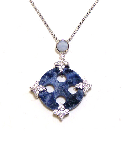 Natural Sodalite &amp; Blue Lace Circle Pendant, 925 Sterling silver, Platinum
