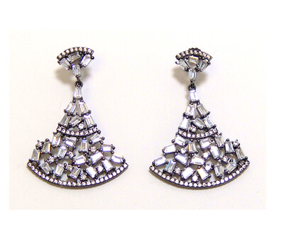 Baguette Diamond Simulated, Dangle Earrings 925 Sterling Silver, Black Gold