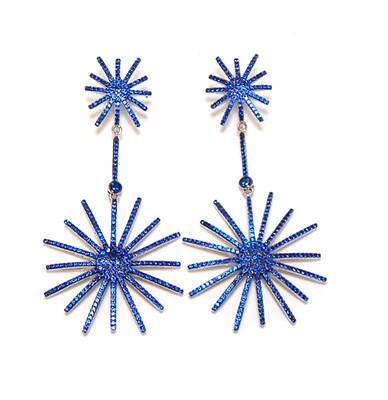 blue Sapphire Simulated, Dangle Star Earrings 925 Sterling Silver, Platinum Embraced