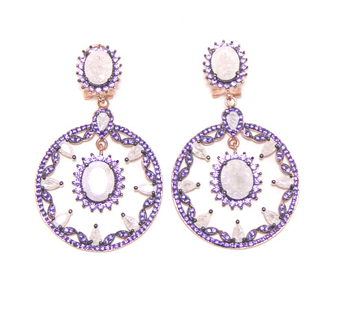 Multi-Stone Amethyst & Crystal Color Circle Dangle Earrings in 925 Sterling Silver, Rose Gold