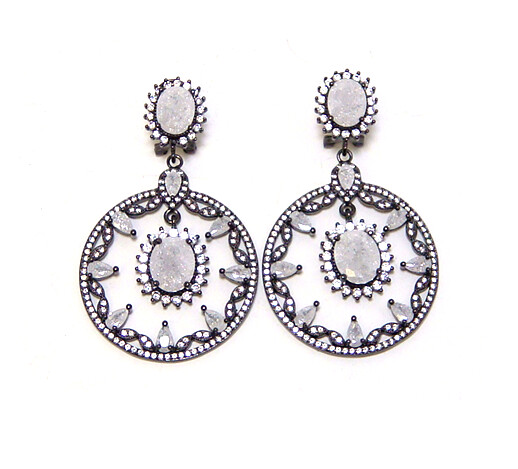 Multi-Stone White Crystal Color Circle Dangle Earrings in 925 Sterling Silver, Black Gold