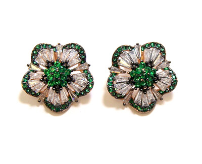 Multi-Stone Emerald Cz Flower Stud Earrings in 925 Sterling Silver, Rose Gold Embraced