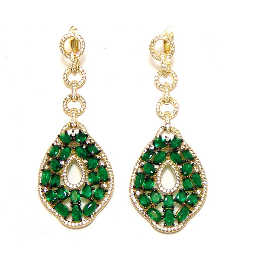 Simulated Green Emerald Diamond Dangle Earrings 925 sterling Silver, Yellow Gold