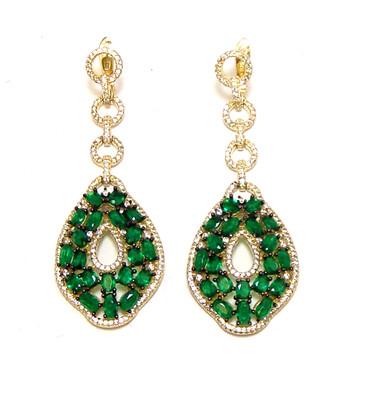 Simulated Green Emerald Diamond Dangle Earrings 925 sterling Silver, Yellow Gold