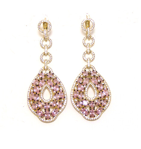 Simulated Pink & White Diamond Dangle Earrings 925 sterling Silver, Yellow Gold
