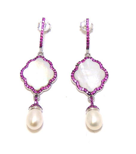 Mother Of pearl, Simulated Ruby Dangle Earrings, 925 Sterling Silver, Platinum