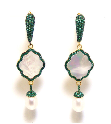 Mother Of pearl, Simulated Emerald Dangle Earrings, 925 Sterling Silver, Yellow Gold