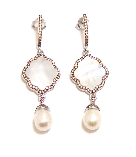 Mother Of pearl, Simulated Diamond Dangle Earrings, 925 Sterling Silver, Platinum