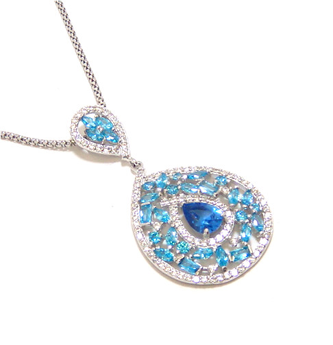 925 Sterling Silver Blue Cz Color full Drop Dangle Pendant, Platinum